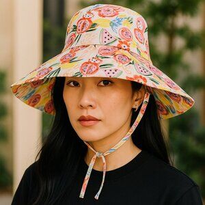 Steve Madden Floppy Sun Hat with Ties O/S Packable Lined White Fruit Cotton